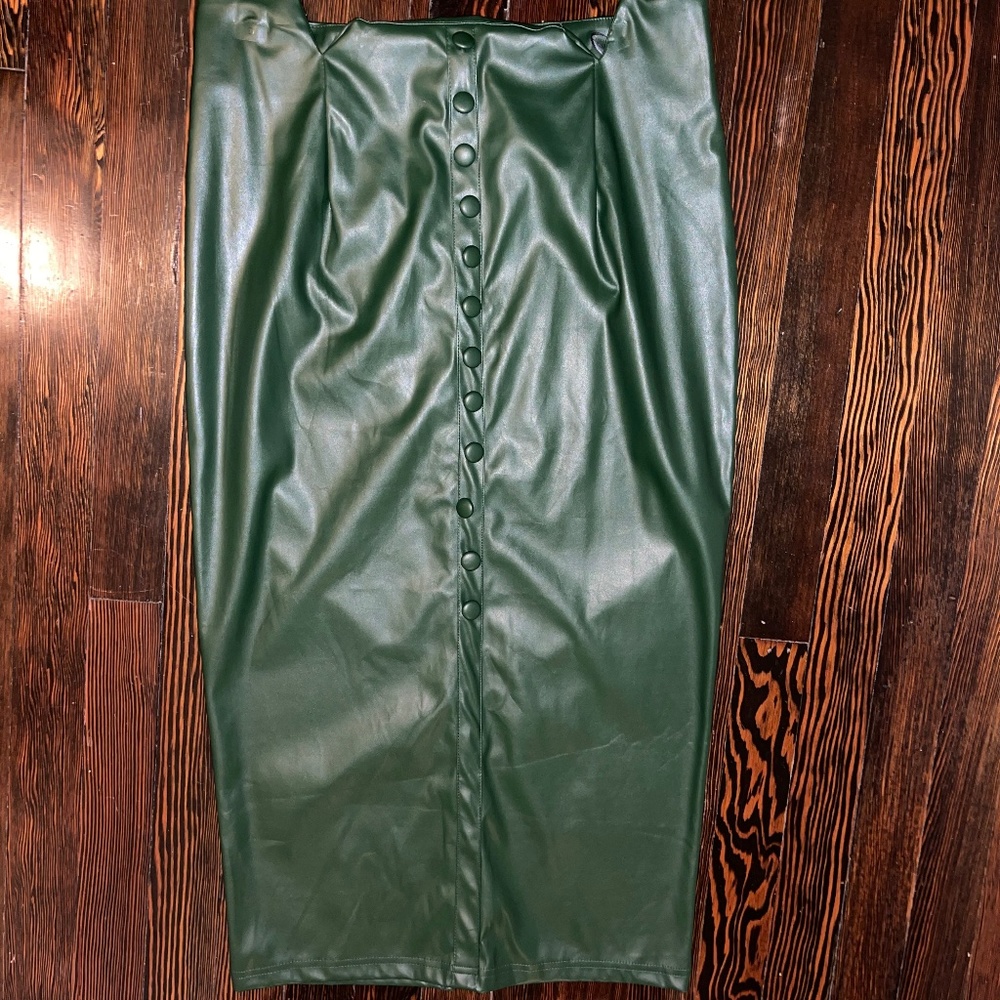 High Waisted Skirt Green Faux Leather Notched Button